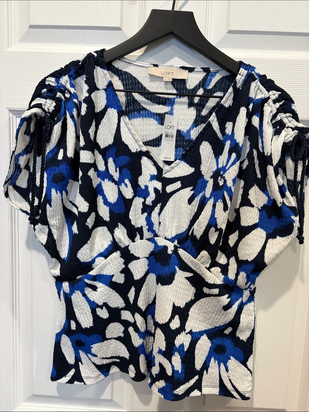 LOFT Black, White & Royal Blue Floral V-Neck Top